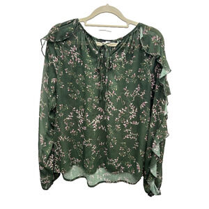 Slate and Willow Womens Blouse Chiffon Ruffle Long Sleeve‎ Floral Green Size S